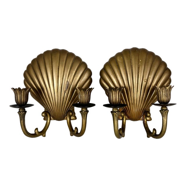 Vintage Brass Shell Candle Sconces- A Pair For Sale