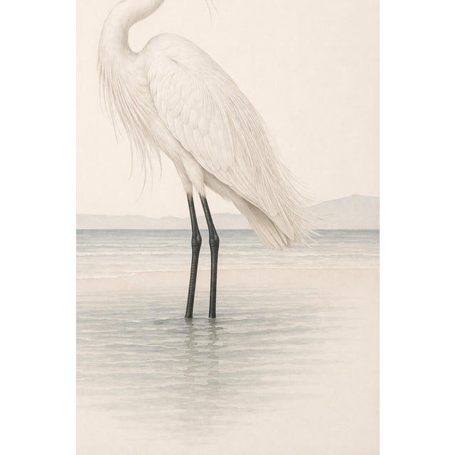 White White Egret Coastal Study, Neutral Bird Wall Art Print, 24″ × 36″ Reproduction For Sale - Image 8 of 10