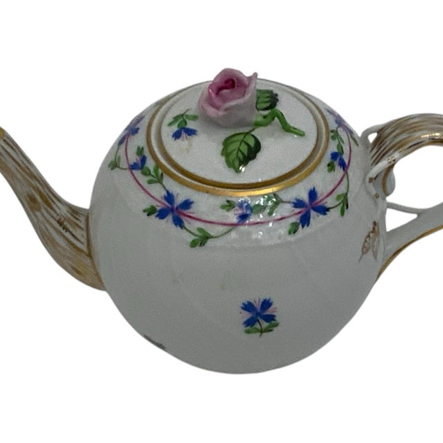 Vintage Herend Blue Garland PBG Model 1605 Small Porcelain Teapot Rose Finial Spout Chip Made in Hungary c. 1980s....