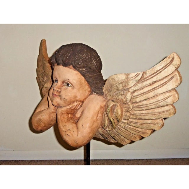 Vintage Hand Carved Cherub /Angel With Wings Figurine on Stand For Sale In Los Angeles - Image 6 of 11