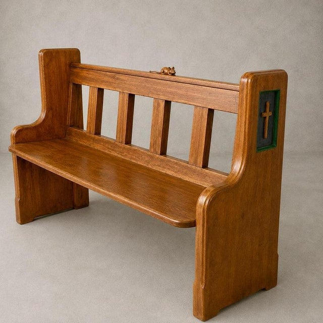 Yorkshire Oak & Pine Church Pew Bench with Hand-Carved Mouse, 1950s For Sale - Image 11 of 11