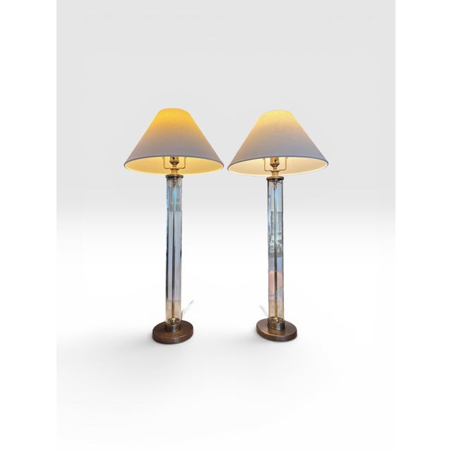 1990s Pair of Ralph Lauren Home Adjustable Tubular Glass & Brass Table Lamps With Original Shades For Sale In West Palm - Image 6 of 13