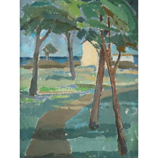 Mid-Century Modern 'Pathway to the Sea' Vintage Original Landscape Oil Painting, Framed For Sale - Image 9 of 13