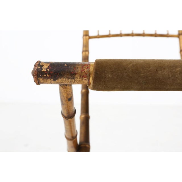 French Faux‑Bamboo Folding Chair in Gilded Wood and Green Fabric, 1850 For Sale - Image 10 of 11
