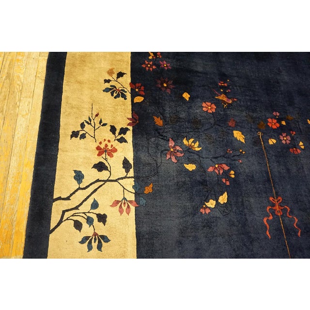 Beige Border and Navy Color Field Underscores Floral Chinoiserie Style Chinese Art Deco Rug For Sale - Image 10 of 12