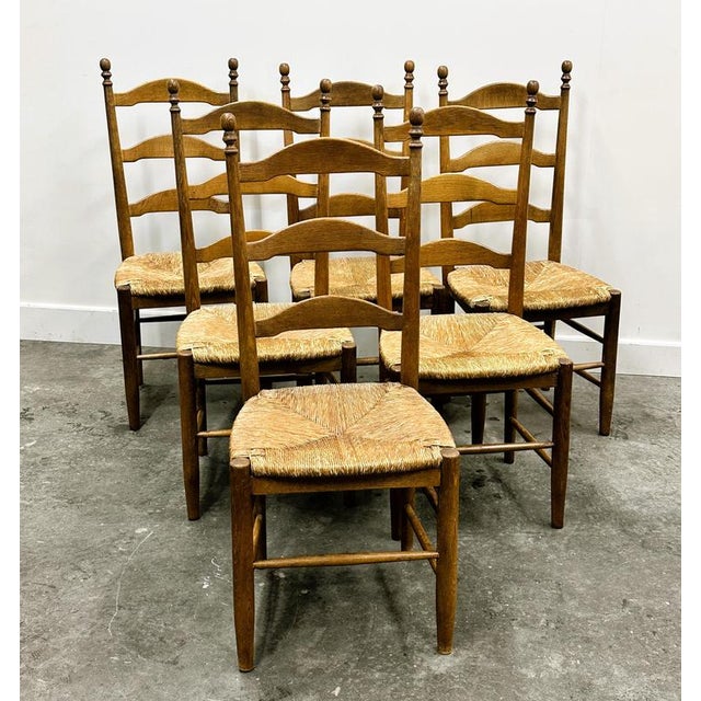 1970s French Oak Farmhouse Country Dining Chairs Wit Rush Seating, Set of 6 For Sale - Image 5 of 7
