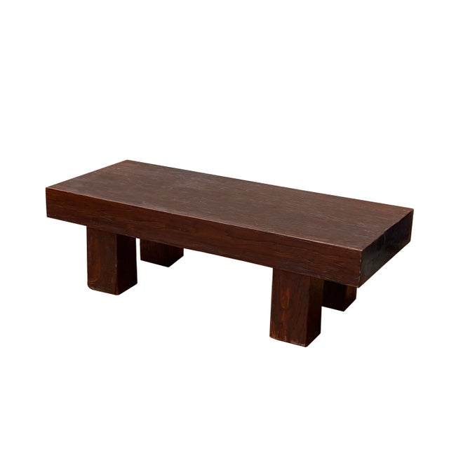 Rustic Brown Rectangular Bold Thick Wood Rough Grain Coffee Table Bench For Sale - Image 3 of 9