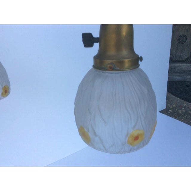 Antique Brass Chandelier With Floral Decorated Pendant Shades For Sale In San Antonio - Image 6 of 9