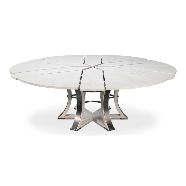 Art Deco Transitional Round Dining Table, Large - White Oak With Hammered Iron Base For Sale - Image 3 of 11