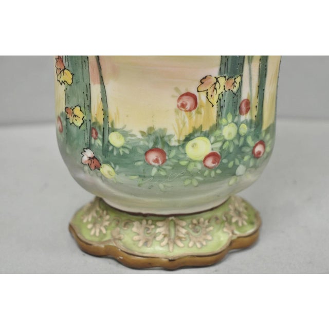 Green Antique Nippon Hand Painted Porcelain Moriage Twin Handle Countryside Scene Vase For Sale - Image 8 of 18