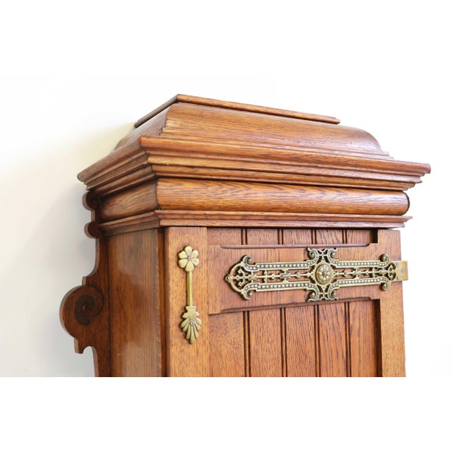 Arts & Crafts Hand-Carved Oak Wall Cabinet with Brass Details, 1900s For Sale - Image 12 of 18