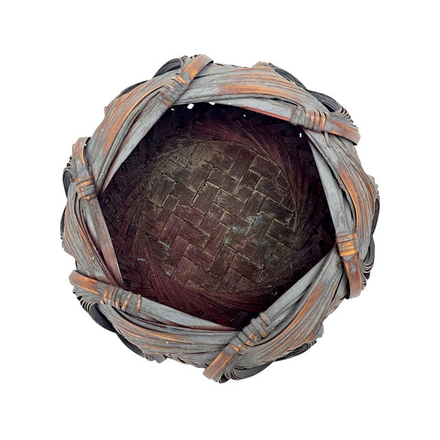 Brown Japanese Showa Period Bamboo Ikebana Basket With Ajiro Weave 8" For Sale - Image 8 of 11