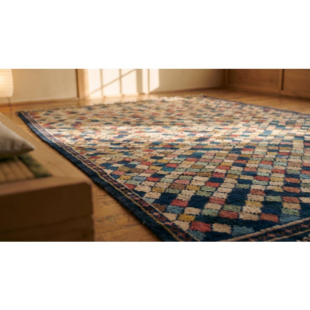Early 20th Century 1930s Multicolor Diamond Tribal Hand Knotted Antique Persian Gabbeh Rug 4'4" X 7' Wool Carpet For Sale - Image 5 of 7
