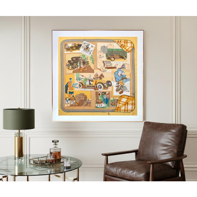 This is a beautiful and authentic framed Hermès silk scarf named "L’Élégance et le Confort en Automobile". It was designed...