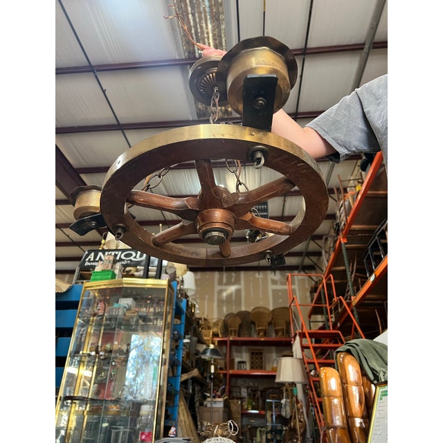 Nautical Vintage Wooden and Brass Captains Wheel Chandelier For Sale - Image 3 of 7