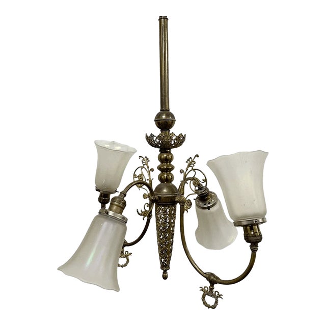 Vintage Art Nouveau Style Filigree Brass 4 Arm Gas Chandelier For Sale