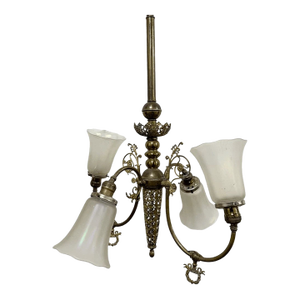 Vintage Art Nouveau Style Filigree Brass 4 Arm Gas Chandelier