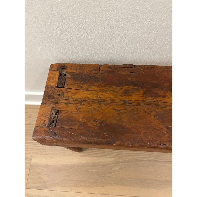 Brown Antique Early American Americana Primitive Plank Wood Farm Bench, 19th Century For Sale - Image 8 of 18