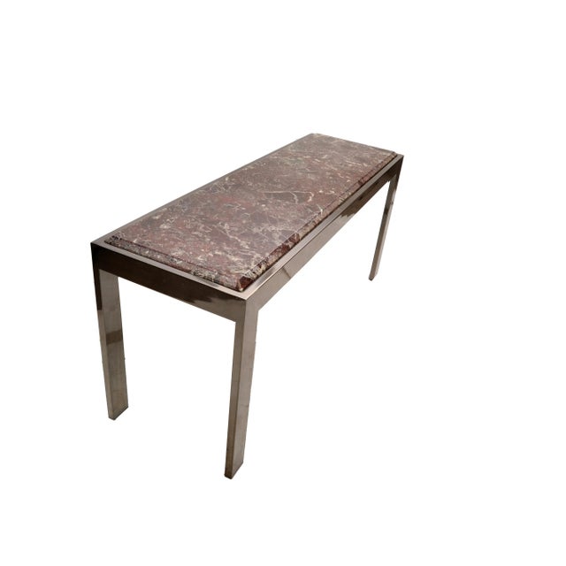 Mid-Century Modern Vintage Mid-Century Modern Long Chrome & Beveled Verona Marble Top Console Table, 1975 For Sale - Image 3 of 13