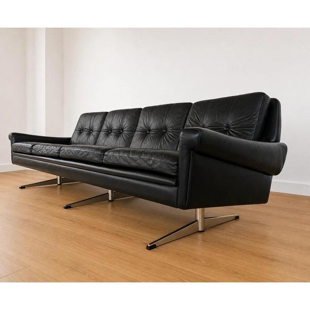 Vintage Danish Four-Seater Sofa in Black Leather and Chrome from Svend Skipper For Sale - Image 3 of 11
