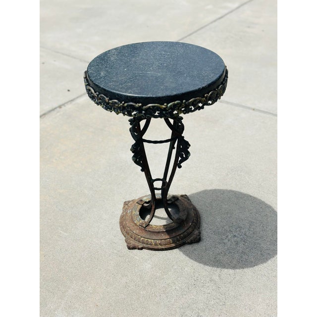 Rustic European Antique Iron and Marble Outdoor Side Table For Sale - Image 3 of 7