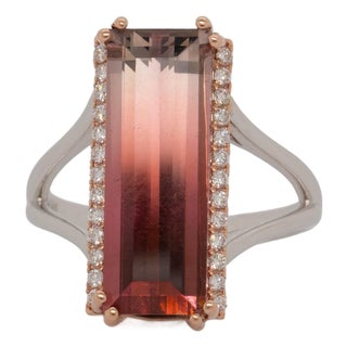 6.4cts Bi-Color Tourmaline Ring With Natural Diamond Accents: Solid 14k Gold, Size 6.75 For Sale