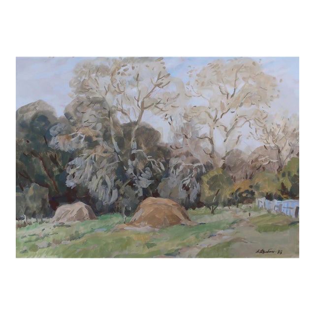 Vintage Gouache Painting: Autumn Rural Landscape, Soviet Ukrainian Art 50-70 For Sale