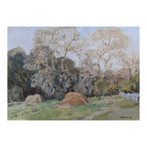 Vintage Gouache Painting: Autumn Rural Landscape, Soviet Ukrainian Art 50-70