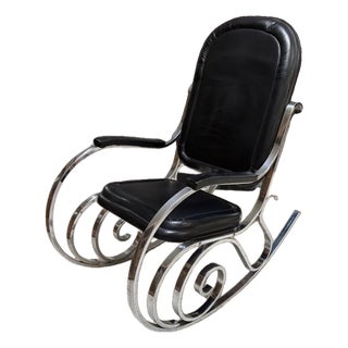 1970s Hollywood Regency Chrome & Black Leather Scroll Rocking Chair, Manner of Maison Jansen For Sale