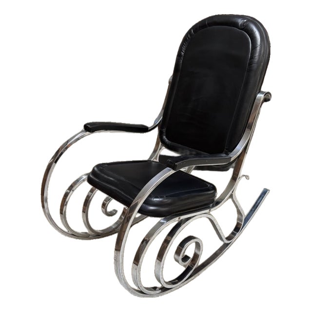 1970s Hollywood Regency Chrome & Black Leather Scroll Rocking Chair, Manner of Maison Jansen For Sale
