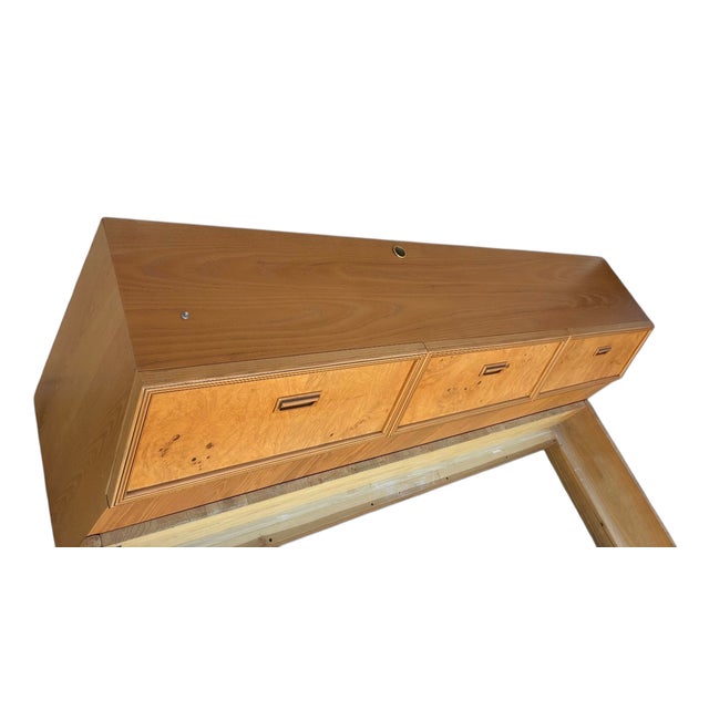 Henredon Scene Two Campaign King Bed Burlwood Oak Trunk Headboard Only Art Deco For Sale - Image 16 of 16