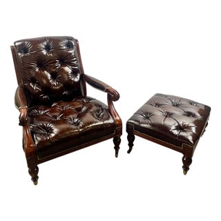 Chesterfield English Style Tufted Leather Library Chair & Ottoman by Hickory For Sale