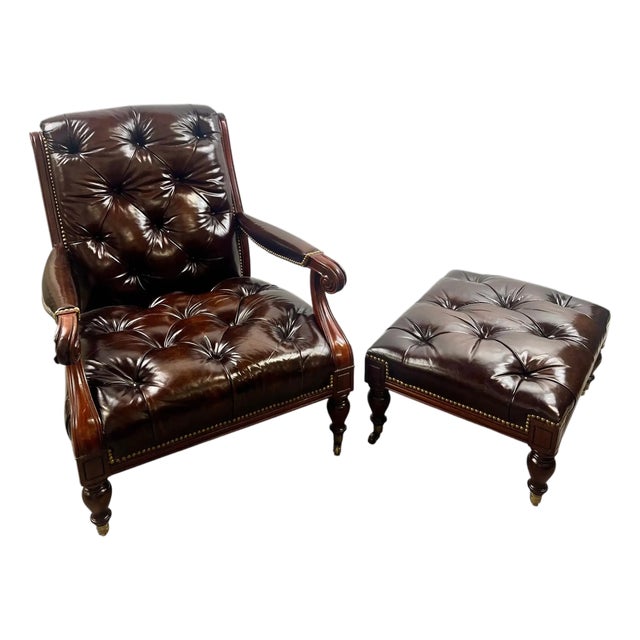 Chesterfield English Style Tufted Leather Library Chair & Ottoman by Hickory For Sale