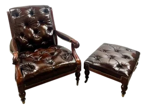Chesterfield English Style Tufted Leather Library Chair & Ottoman by Hickory