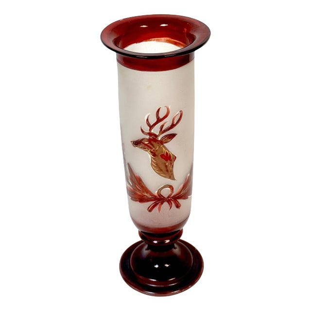 19th C. Red Bohemian 8-Point Stag Hunt Motif Trumpet Vase For Sale