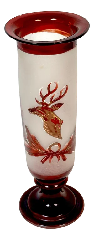 19th C. Red Bohemian 8-Point Stag Hunt Motif Trumpet Vase