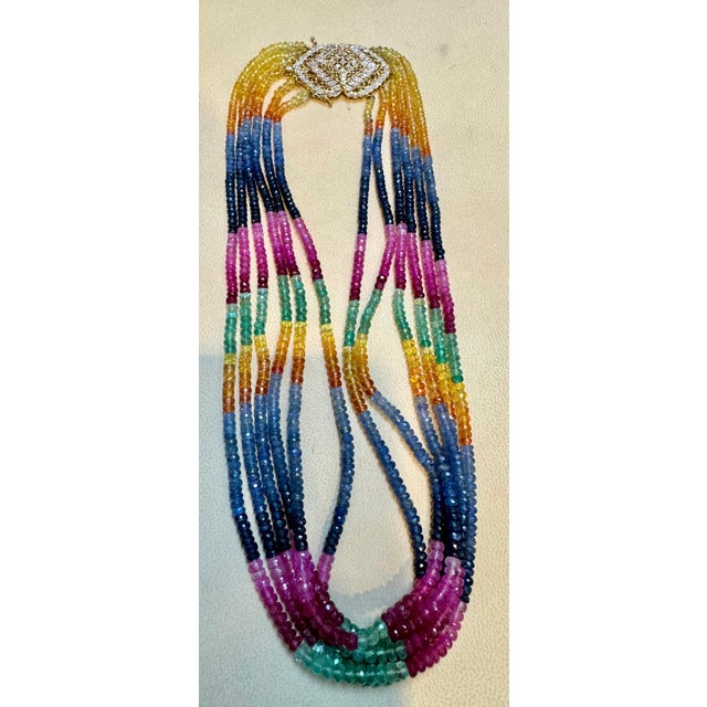 Arts & Crafts 400 Ct , 6 Layer Natural Emerald Ruby & Sapphire Bead Necklace 18K Diamond Clasp For Sale - Image 3 of 18