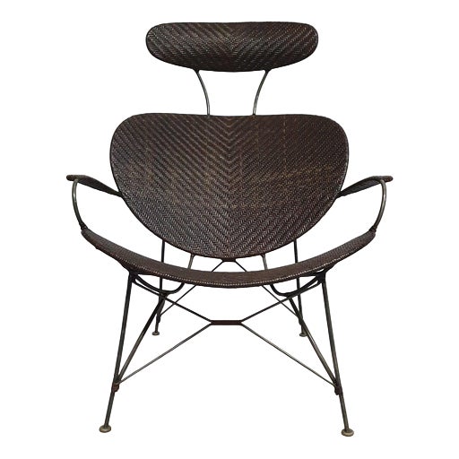 Brown Rattan and Metal Lounge Chair by Yuzuru Yamakawa, 1980s For Sale