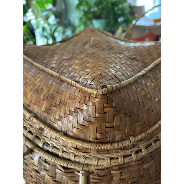 Boho Chic Vintage Handcrafted Southeast Asian Woven Basket With Fitted Lid – 15" Sculptural Rattan Storage Vessel. For Sale - Image 3 of 5