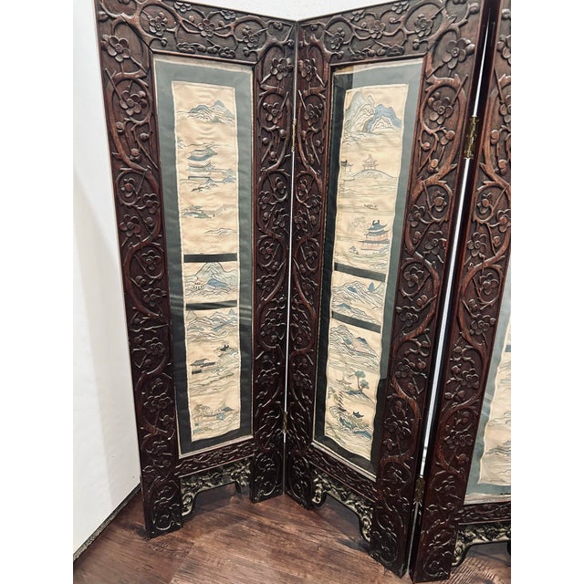 Antique Chinese Carved Rosewood Folding Screen With Hand-Embroidered Silk Landscape Panels, Late Qing / Early Republic For Sale - Image 4 of 12
