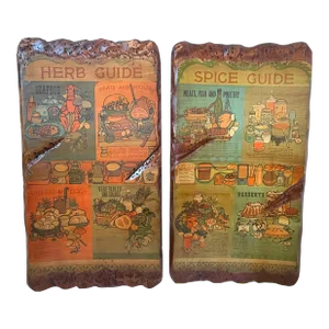 Mid-Century Wooden Wall Plaques. Herb Guide and Spice Guide. Set of Two.
