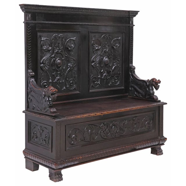 Hall Bench, Italian Renaissance Revival, Walnut, W/ Dragons, Storage, 1800s! For Sale - Image 4 of 5