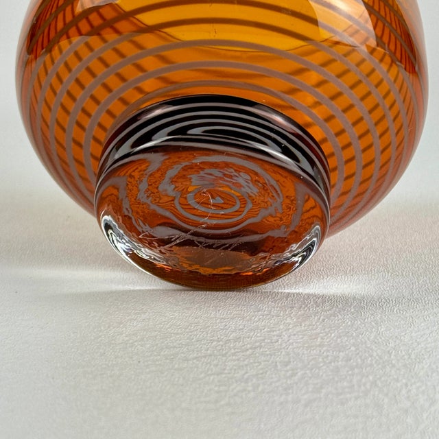 Vintage Signed Hand Blown Small Round Glass Vase in Amber Color With White Swirling Stripe For Sale - Image 9 of 9