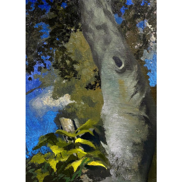 Autumn Sycamore by Brad Davis | Oil on Panel Close-up of a sycamore tree trunk and foliage For Sale