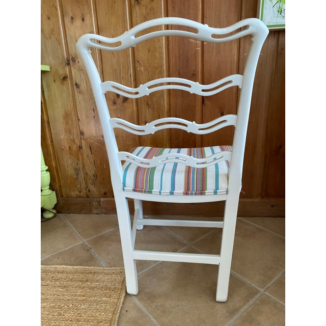White Set of 6 Vintage Painted Mahogany Chippendale Ribbon Back Dining Chairs With New Perennials Striped Fabric For Sale - Image 8 of 14