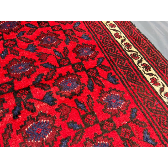Ruby Red Vintage Afghan Hand-Knotted Baluchi Rug Floral Medallion Design Persian Style Rug For Sale - Image 8 of 13