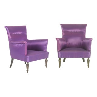 Mid-Century Italian Modern Wood & Purple Fabric Armchairs in the style of Cesare Lacca, 1950s, Set of 2 For Sale