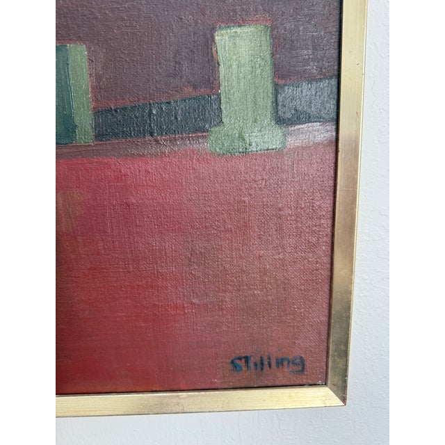 1950s Herman Stilling “Buildings at Dawn” 1959 Framed Oil on Canvas Painting For Sale - Image 5 of 9