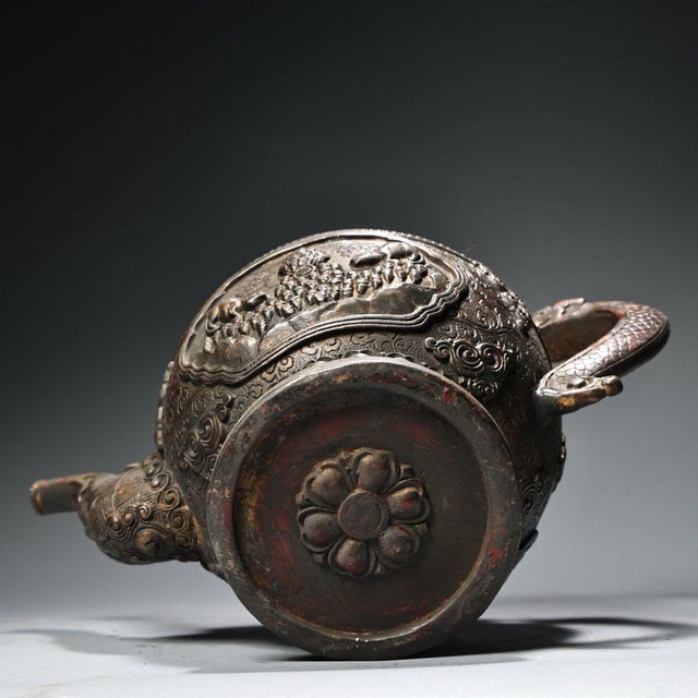Vintage Tibetan Style Copper Teapot - High Relief Repoussé Ewer With Dragon Spout For Sale - Image 9 of 10