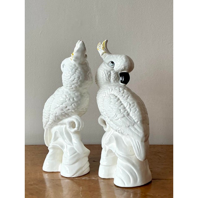 Mid-Century Modern Vintage Regency Glazed Ceramic Cockatoos- Set of 2 For Sale - Image 3 of 5